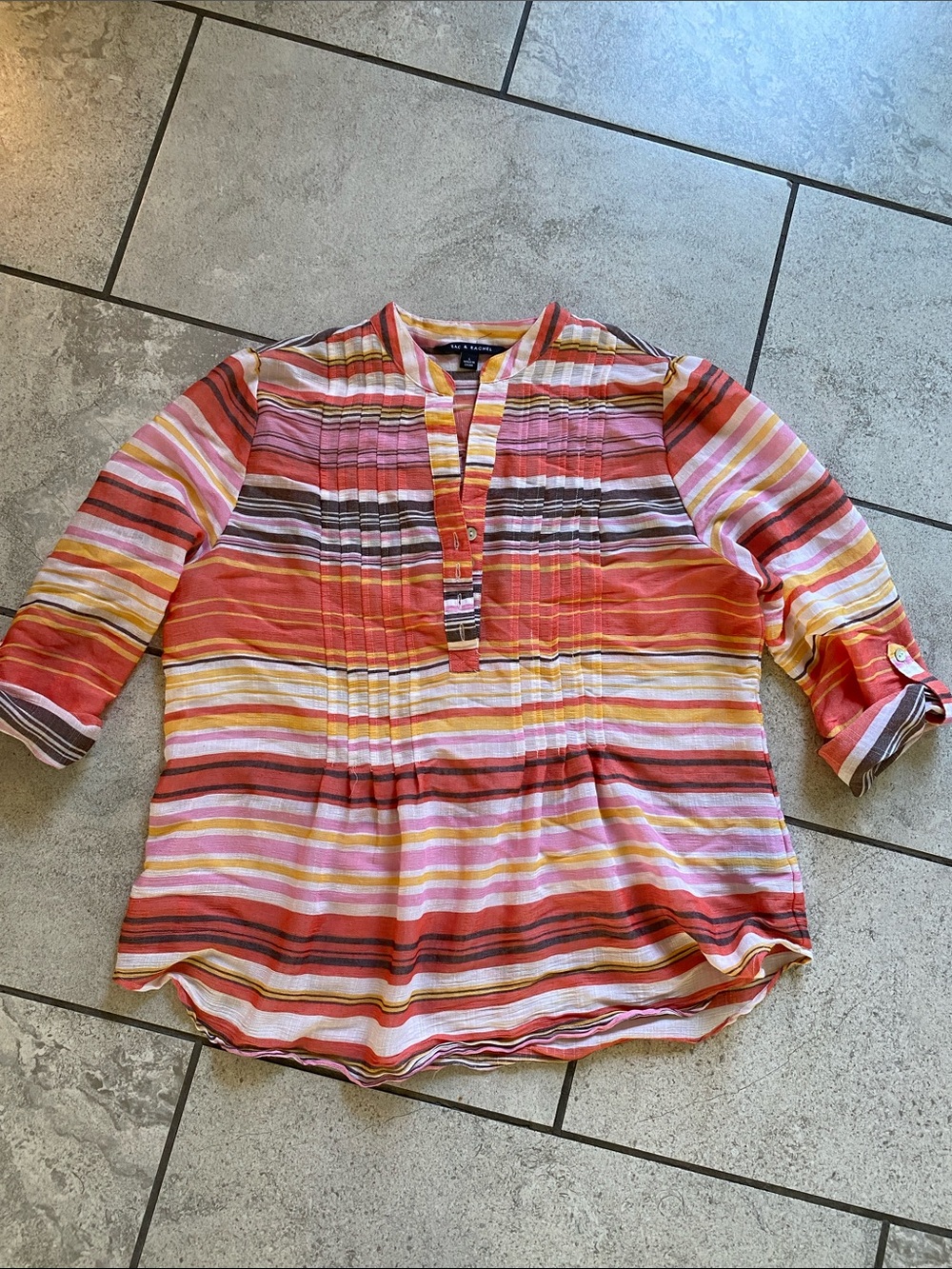 Zac & Rachel Multicolor Striped V-Neck Top - Pink, Yellow & Coral